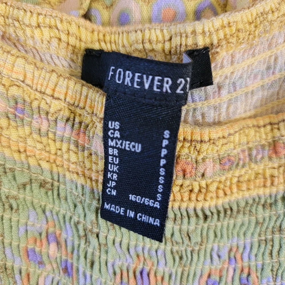 Forever 21 Yellow Green Printed Wide Leg Sleeveless Ruched Top Jumpsuit Size S